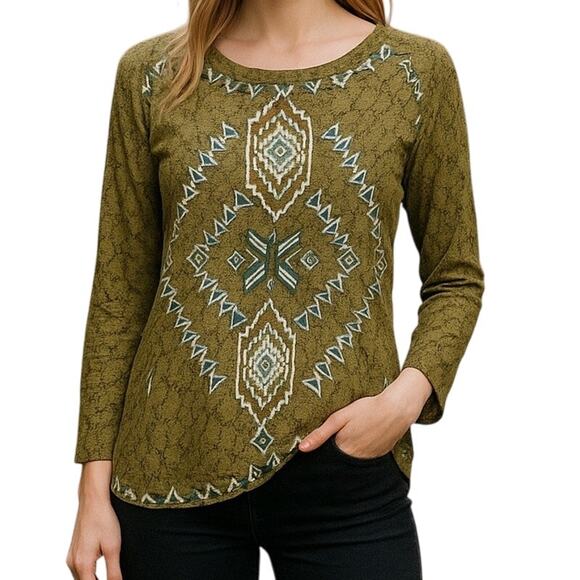 FREE PEOPLE Sz L Green Embroidered BOHO Lace Sleeve Top | GUC - Picture 1 of 7